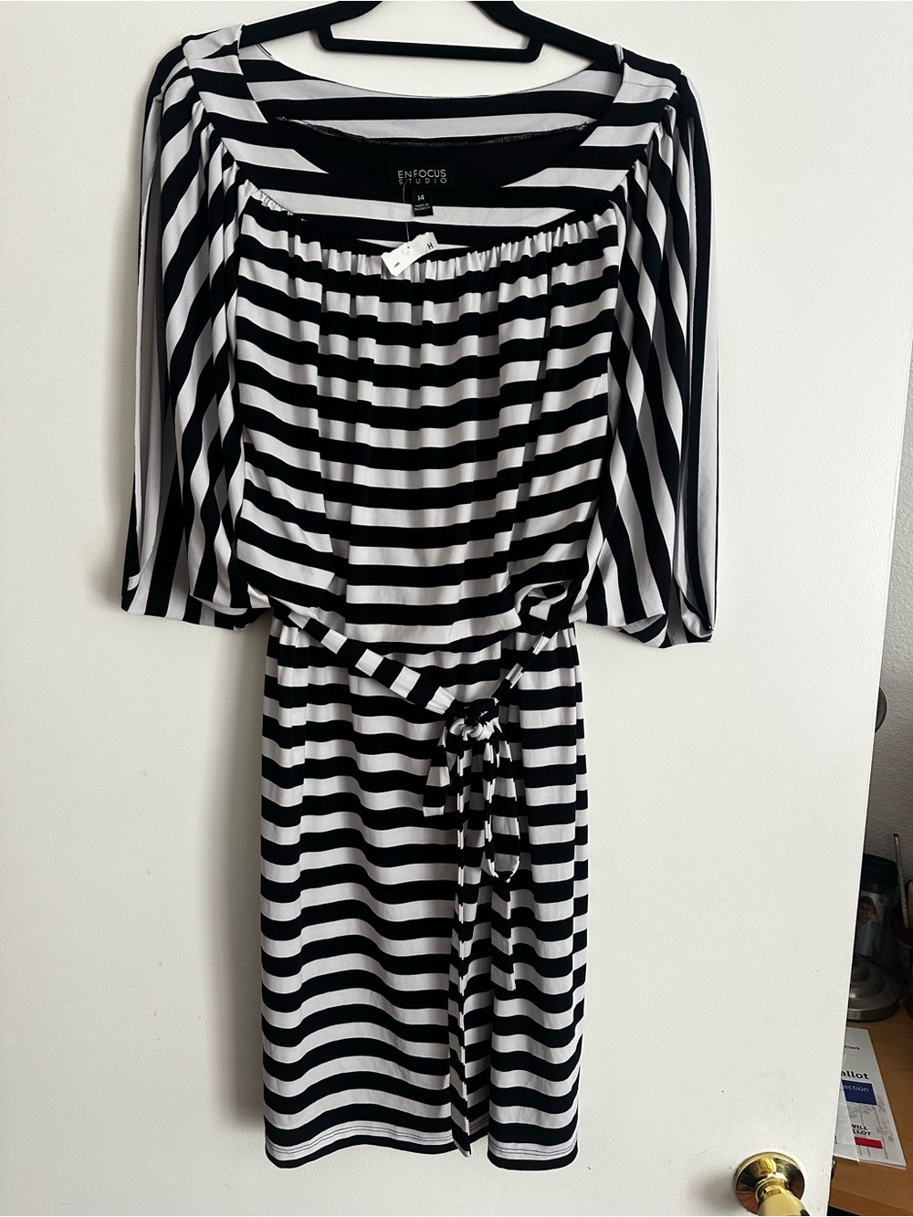 Enfocus Studio Black and White Striped Belted Dress